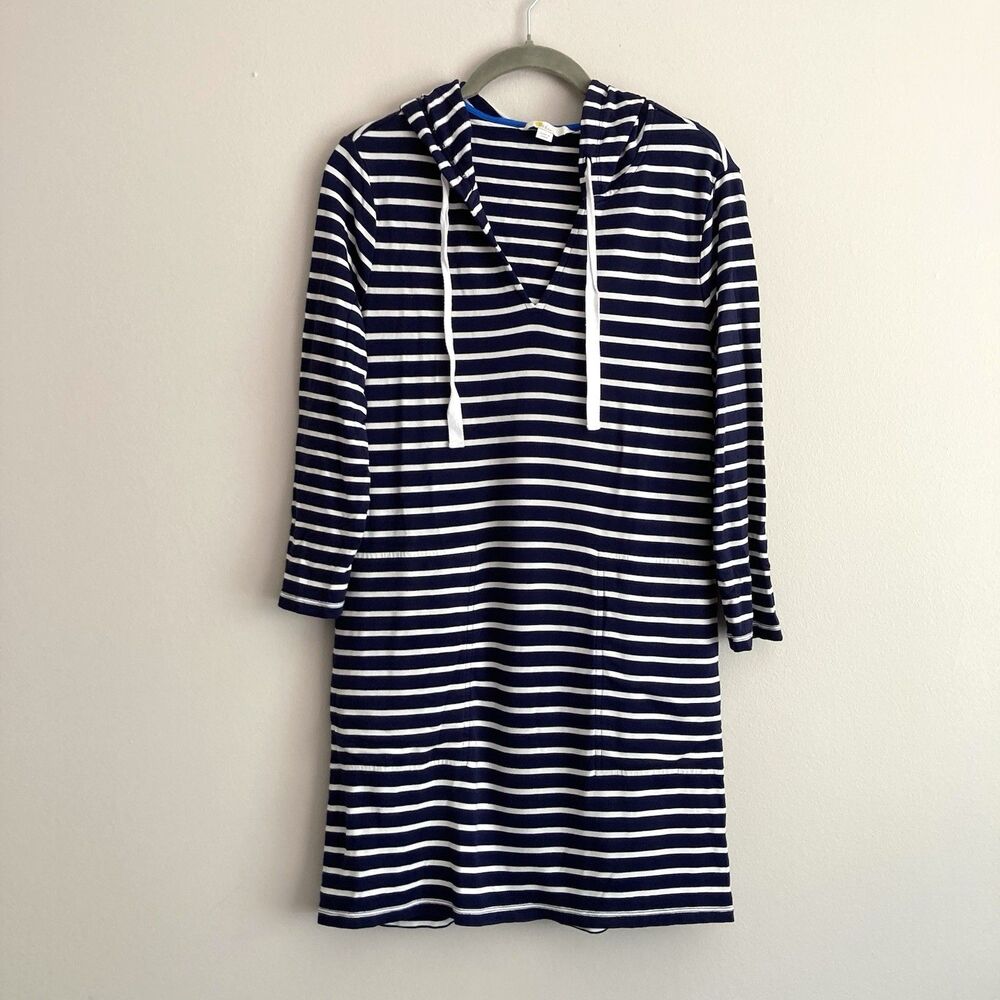 Boden Hooded Dress Womens 6 Navy White Striped Pockets Pullover Jersey Comfort